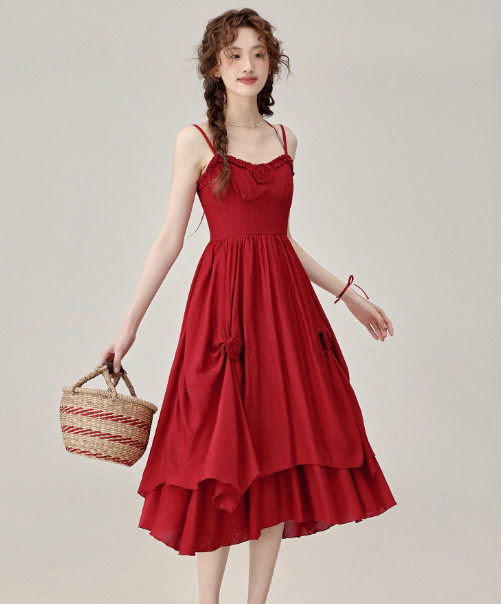 Summer French retro red suspender dress seaside holiday dress R1900