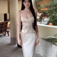 Large Size French Pure Lace Patchwork Waist Strap Fishtail Skirt Set R1842