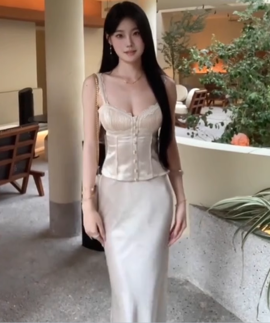 Large Size French Pure Lace Patchwork Waist Strap Fishtail Skirt Set R1842