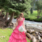 Pink long square collar white waist cake dress women's summer temperament skirt R4699