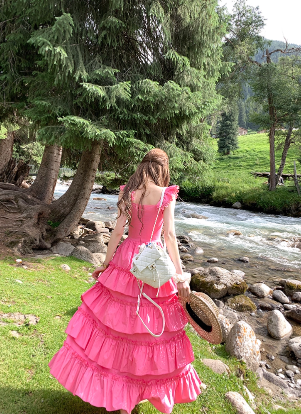 Pink long square collar white waist cake dress women's summer temperament skirt R4699