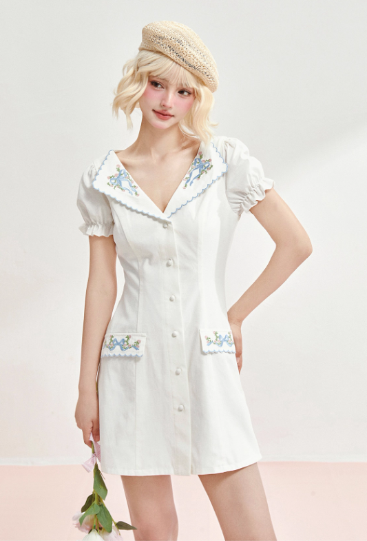Short-sleeved summer dress V-neck Tencel cotton retro embroidery waist dress R5248