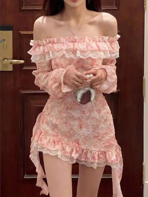 Pink one-shoulder floral lace waist irregular skirt homecoming dress R3123
