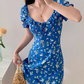 Klein blue floral slim fit versatile puff sleeve dress waist short skirt R2857
