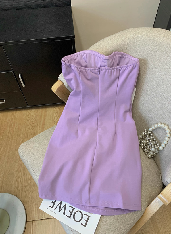 Purple pure sexy tube top dress female new waist short hip skirt fishbone backless small dress R3951