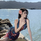 Ultra-low deep V elastic waist-revealing mesh dress hip skirt sexy seaside holiday outfit R1632