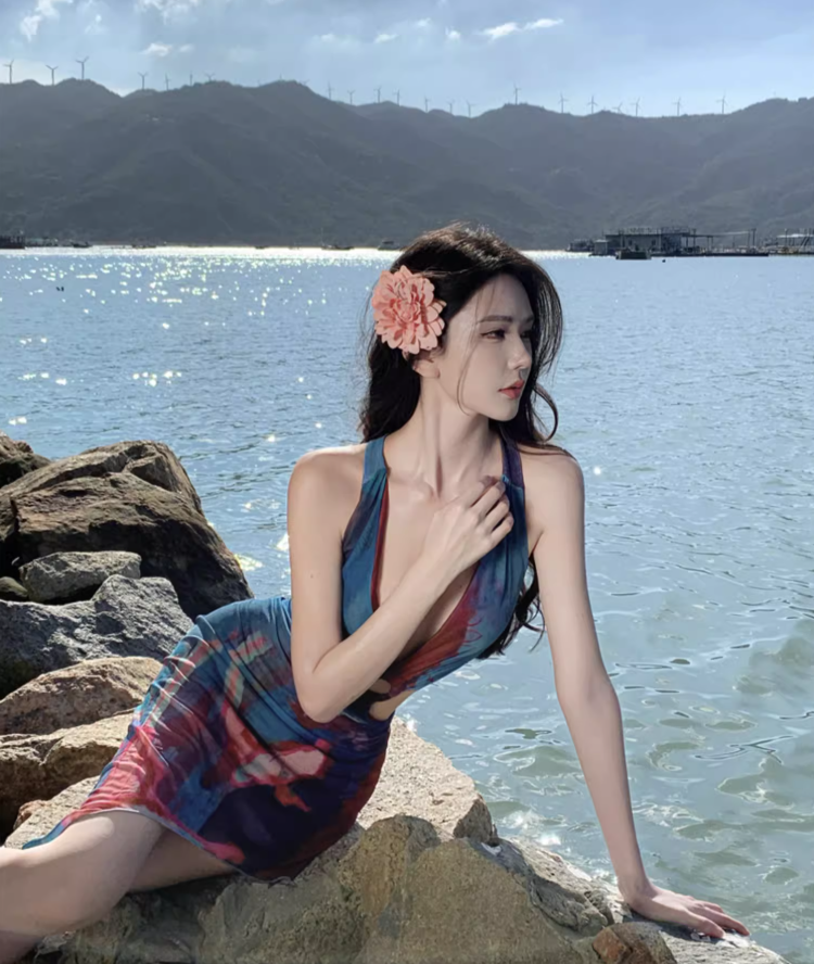 Ultra-low deep V elastic waist-revealing mesh dress hip skirt sexy seaside holiday outfit R1632