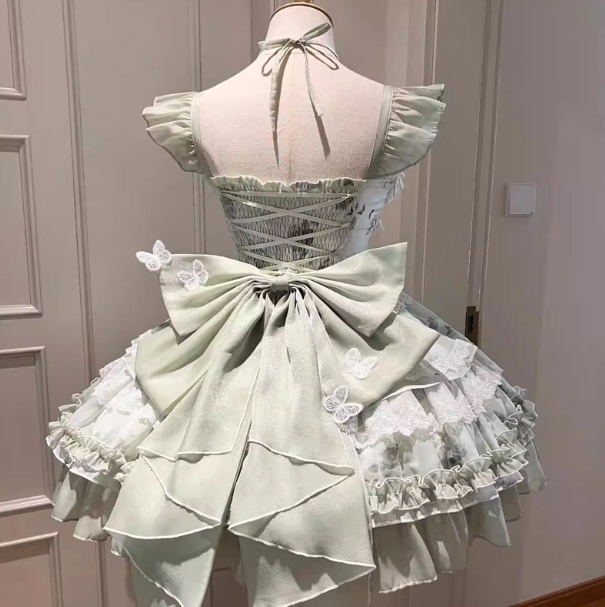 Fresh Green Ruffled Homecoming Dress ,A-Line Square Lace Trim Corset Cute Princess Dress RS856