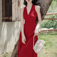 Retro wine red sling halter neck dress temperament waist high-end dress R1496