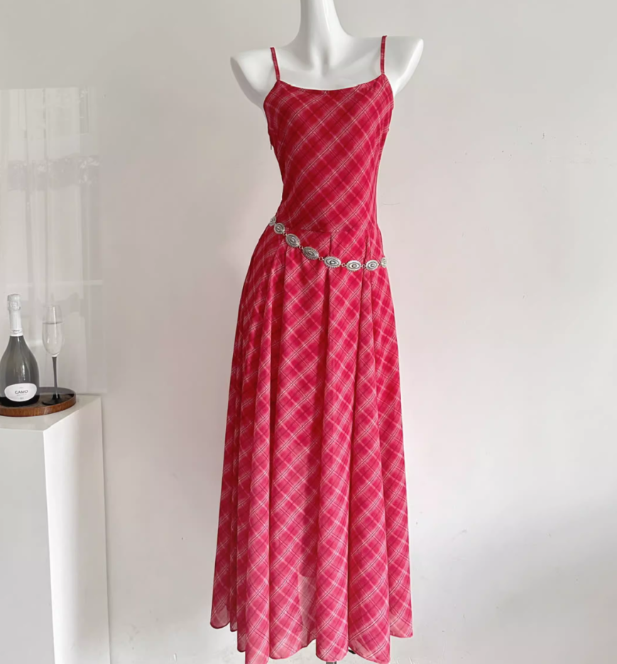 2025 new style temperament waist slim red plaid long suspender dress R2020