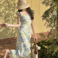French fresh pastoral style temperament slim print fairy atmosphere floral ruffle dress R1430