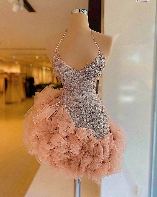 High-end halter neck silver diamond orange skirt short homecoming dress R4082