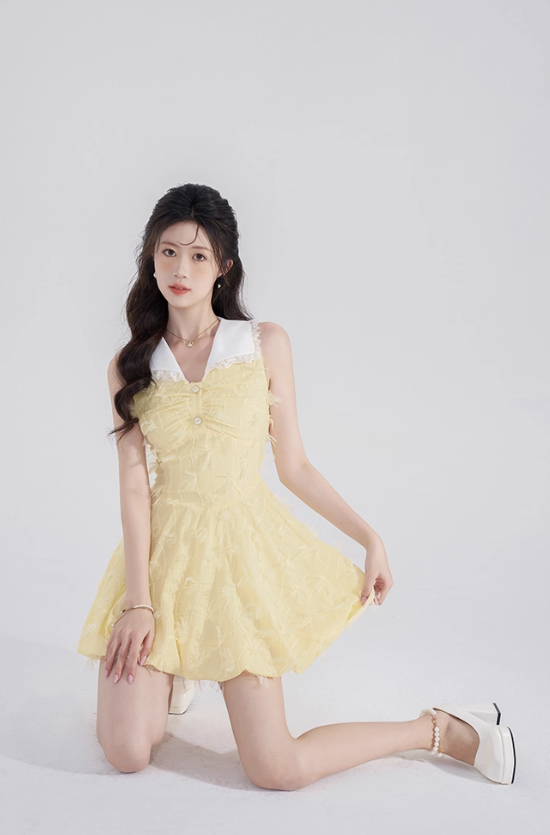 Summer pleated sleeveless dress new yellow lace sweet short skirt niche design waist skirt female R4116