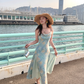 Long gradient print waist suspender dress summer French slim skirt R4946