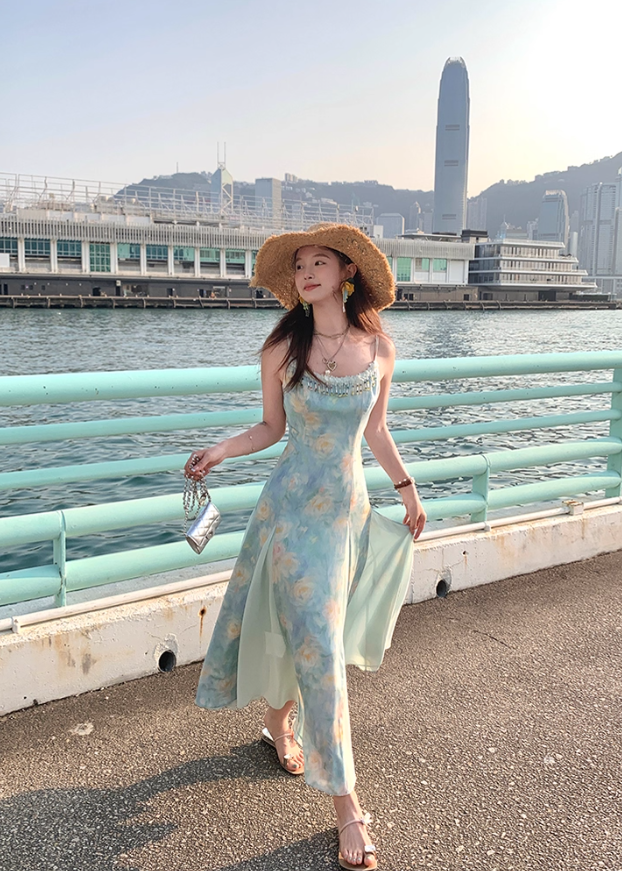 Long gradient print waist suspender dress summer French slim skirt R4946