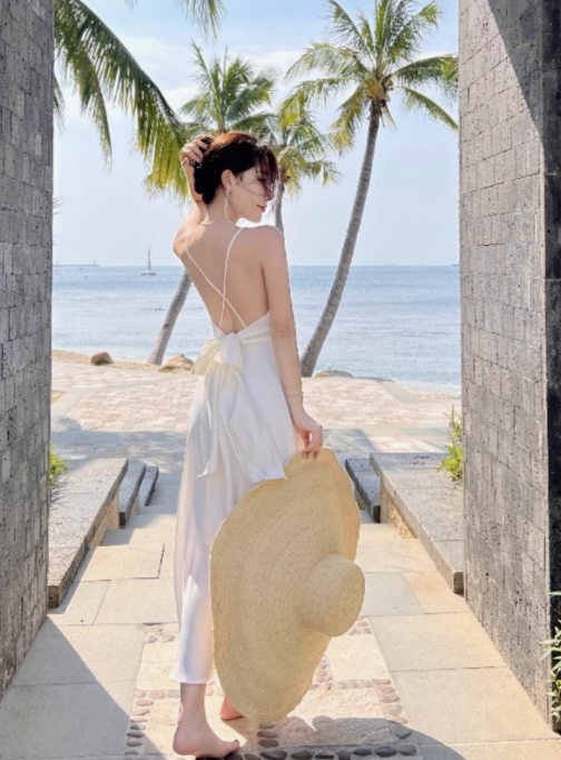 Super hot sling seaside holiday beach dress silk satin sexy backless travel long skirt R1529