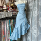 Champagne-colored strapless satin slim-waisted ruffled hem maxi ball gown R6180