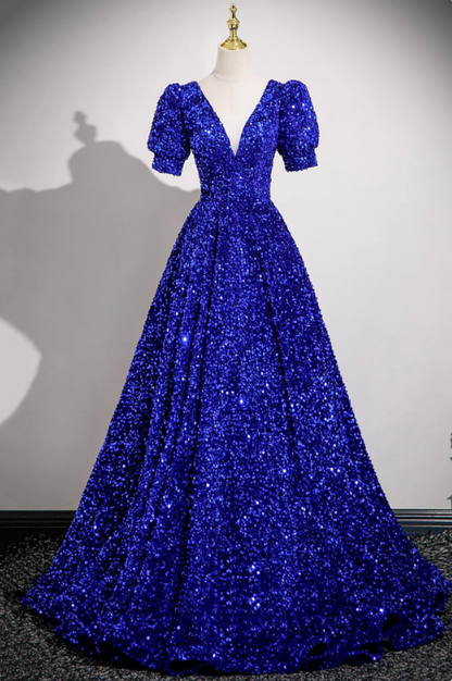 Elegant Navy Glitter A-Line V-neck Corset Maxi Evening Dress RS584