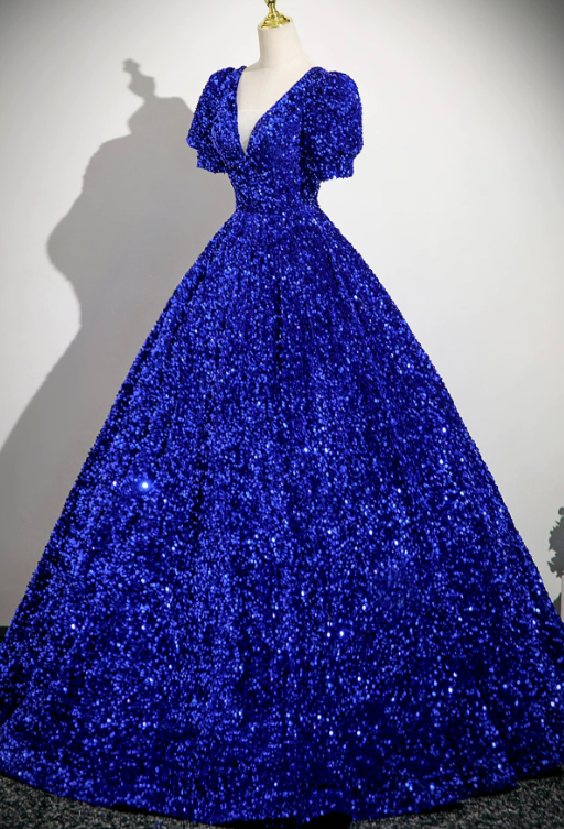 Elegant Navy Glitter A-Line V-neck Corset Maxi Evening Dress RS584