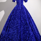 Elegant Navy Glitter A-Line V-neck Corset Maxi Evening Dress RS584