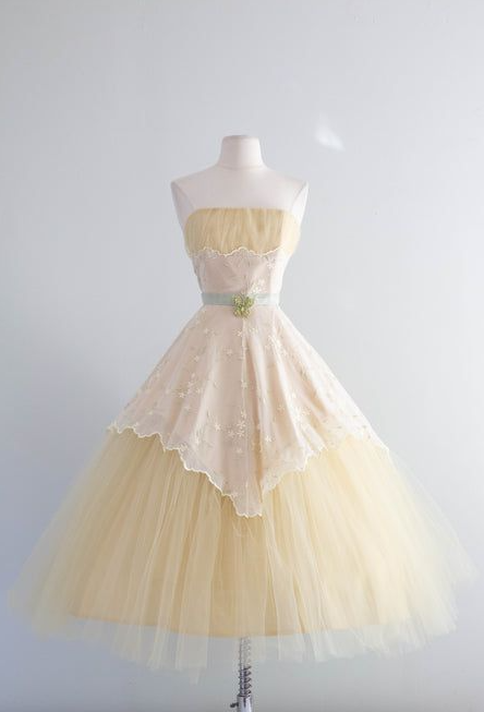 Tulle Puffy Corset Prom Gown , Gentle Yellow Women's Midi Summer Dress Party Dress RS2420