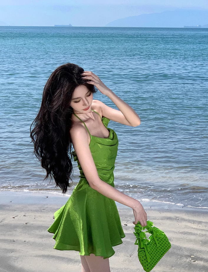 French green halter neck short skirt dopamine holiday style slim waist a-line dress R1631