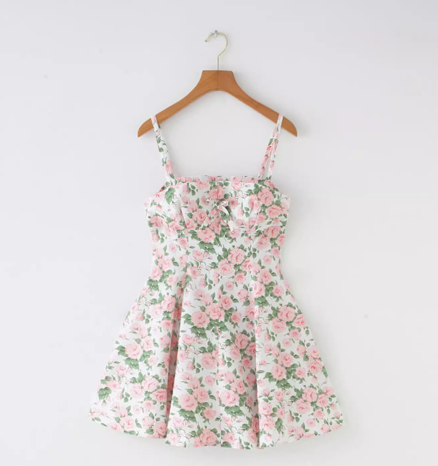 French retro sky blue floral chest cushion for slimming, waist cinching, large skirt with suspender R2873