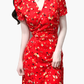 2025 Summer New Red Floral V-neck Wrap One-piece Tea Break Short Sleeve Dress R0948