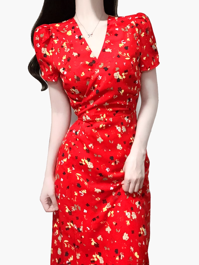 2025 Summer New Red Floral V-neck Wrap One-piece Tea Break Short Sleeve Dress R0948