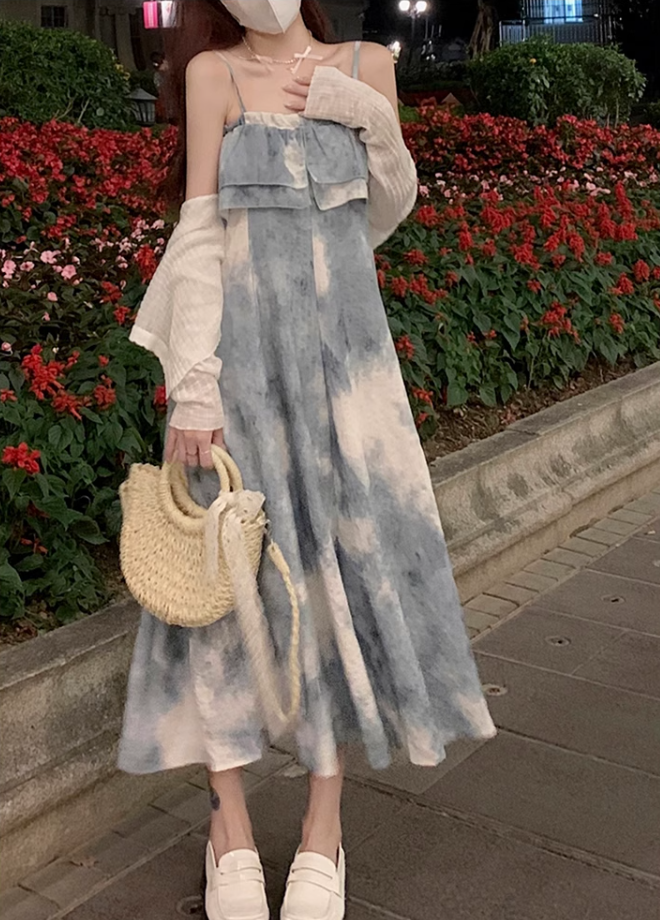 Fairy retro style ruffled one-shoulder sling dress new Chinese style ink-dyed dress R1706