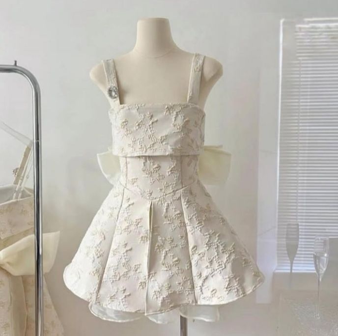 White suspenders waist pattern slim pleated skirt homecoming dress R3508