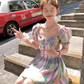 Colorful square neck waist short sleeve plaid dress summer French skirt R5025