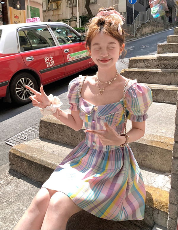 Colorful square neck waist short sleeve plaid dress summer French skirt R5025