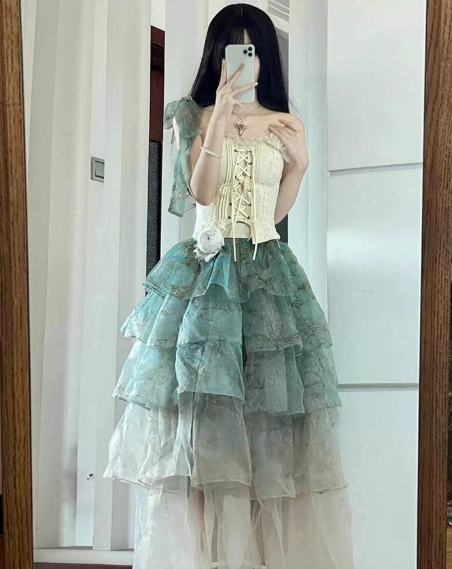 Pretty Splicing Style Ruffled Prom Dress ,A-Line Strapless Corset Maxi Women Dress RS867