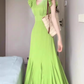 Retro green dress high-grade v-neck temperament step by step lotus fishtail skirt R0735