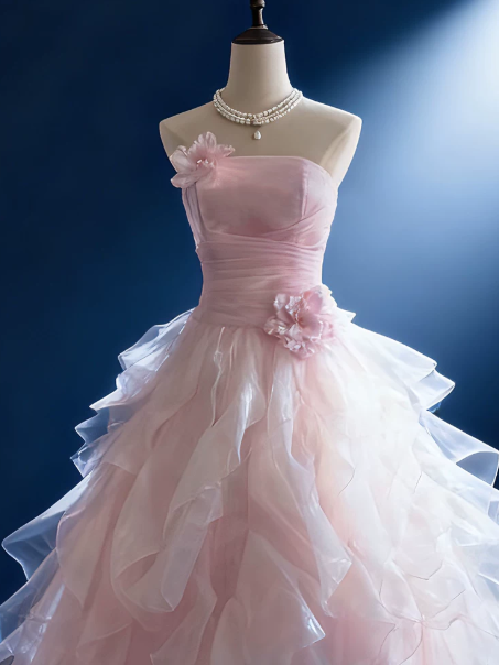 Romantic Pink Evening Dress ,A-Line Strapless Applique Corset Maxi Quinceanera Dress RS865