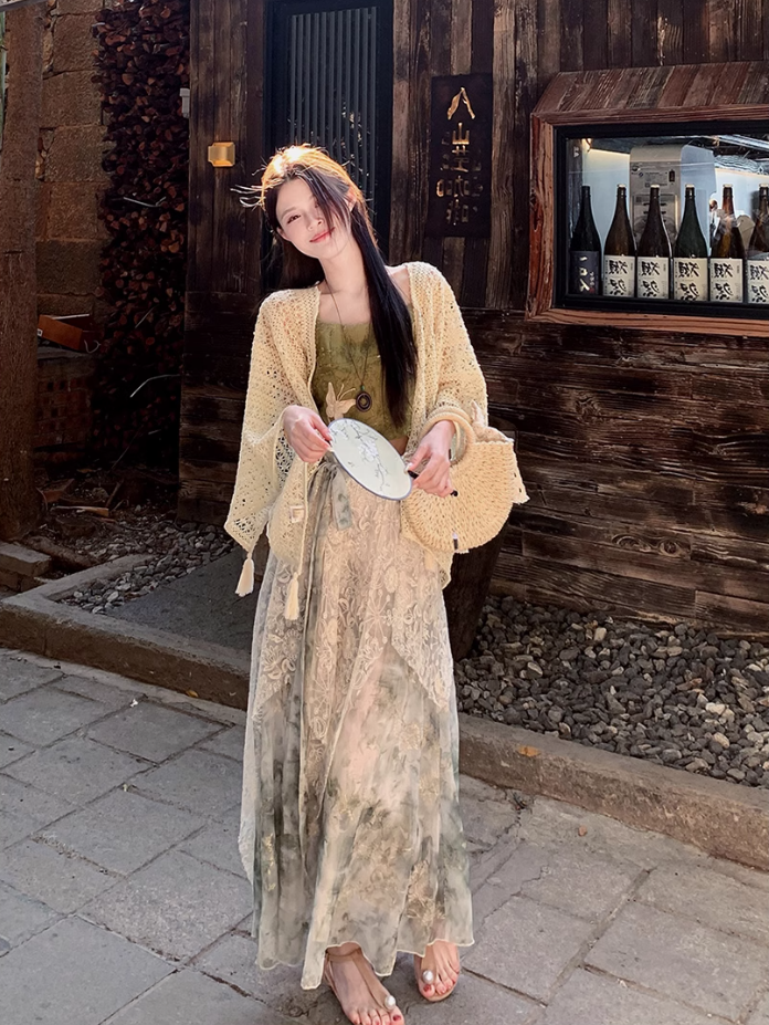 Fairy new Chinese suit butterfly embroidery sling ink dyeing skirt sweater a complete set R1747