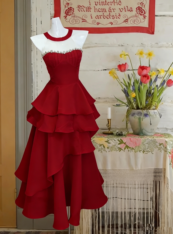 Pink tube top waist cake skirt sexy satin long dress prom dress R6230