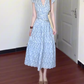 Blue v-neck floral dress with small flying sleeves, beautiful waist A-line beach dress R0781