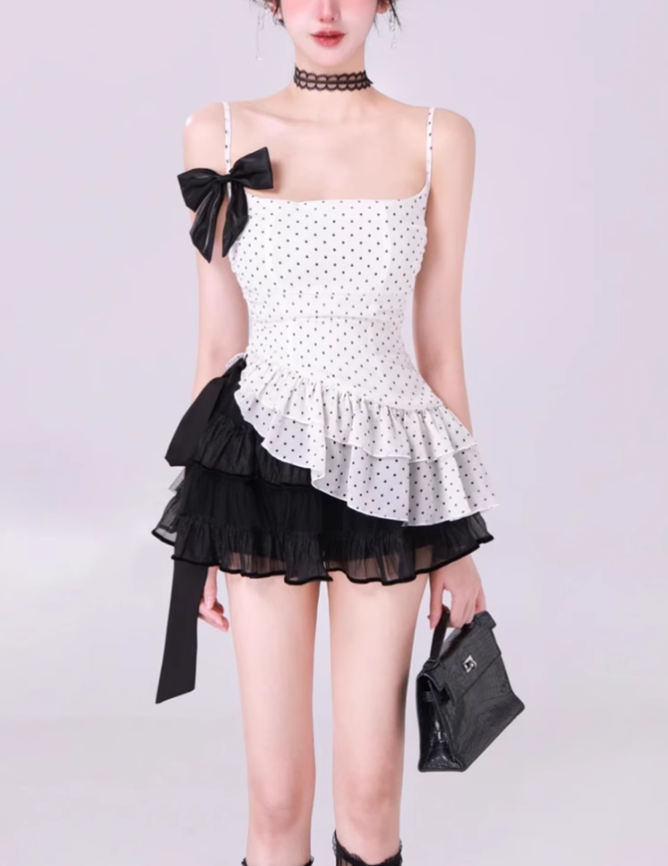 Pure desire style ruffled polka dot suspender top 2025 bow tie skirt suit R1151