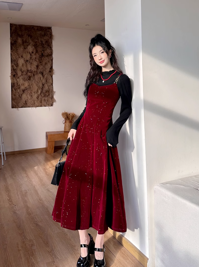 Fairy French retro velvet suspender skirt slim fit waist long skirt dress R1722