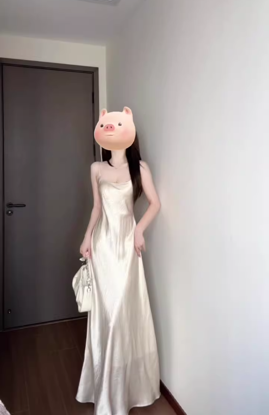 French high-end white satin suspender dress gentle temperament lady waist hip long skirt R0450