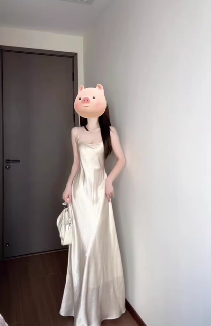 French high-end white satin suspender dress gentle temperament lady waist hip long skirt R0450