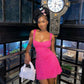 Rose red suspender sequin waist slimming A-line short skirt homecoming dress R3535