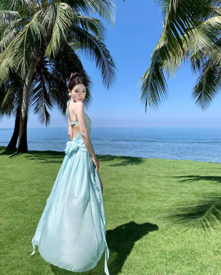 Travel wear fairy air backless dress seaside vacation dopamine green fairy long skirt R1594