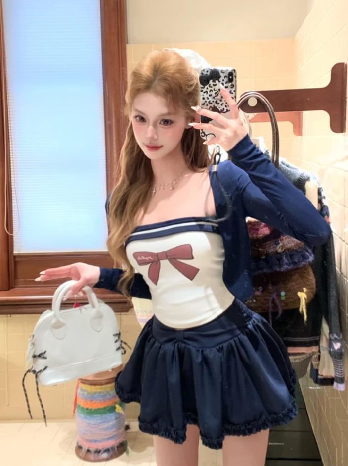 Pure desire hot girl bow print contrast color tube top 2025 college style skirt suit R1280