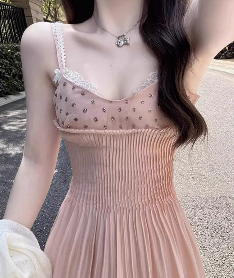 French pleated suspender dress 2025 pure desire style waist a-line fairy long dress R1325