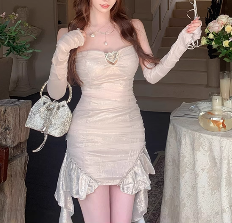 Pure desire style pink and purple hollow sling dress 2025 large size hip-wrapped ribbon skirt R1225