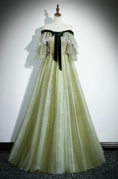 French Chic Bud Green A-Line Bateau Corset Maxi Evening Dress Prom Dress RS585