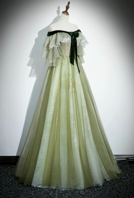 French Chic Bud Green A-Line Bateau Corset Maxi Evening Dress Prom Dress RS585